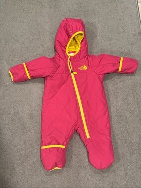 The North Face Pink One-Piece Snowsuit with Yellow Trim